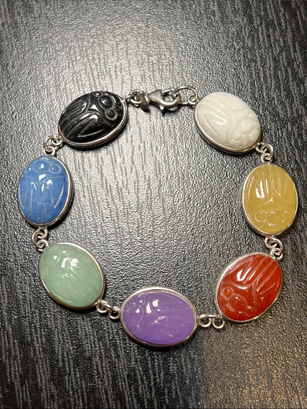 Beautiful Chunky Multicolor Jade Scarab Cabochon Sterling Silver 925 Bracelet